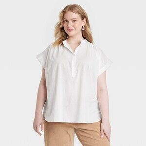 NWT Universal Thread Cotton Popover Short Sleeve Blouse in White